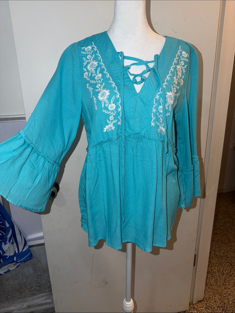 Embroidered Lace-Up Teal Boho Tunic Top